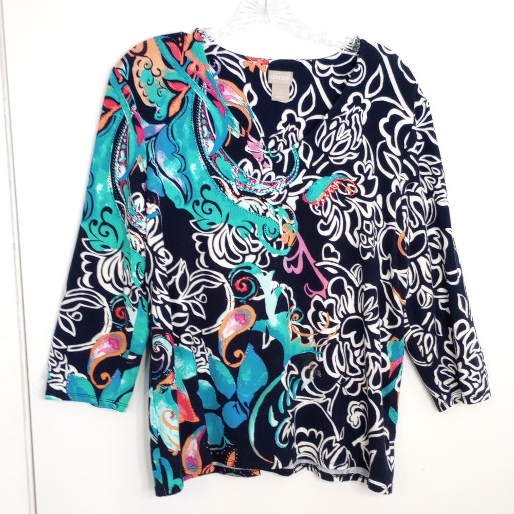 Chico's Bright Abstract Floral Paisley Boho Pullover Top Sz 2